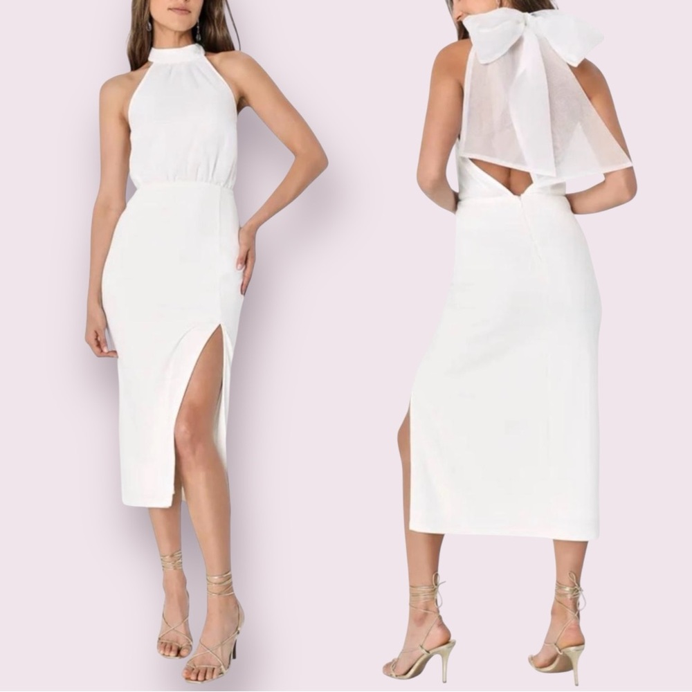 NWOT Lulus Glamorous Promise White Organza Halter Stretchy Midi Dress Size L
